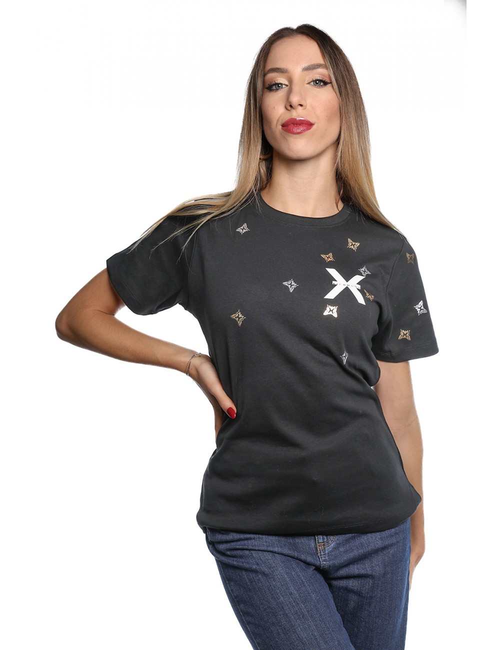 t-shirt john richmond DONNA BLACK - UWA24035TS 1F vista frontale indossata