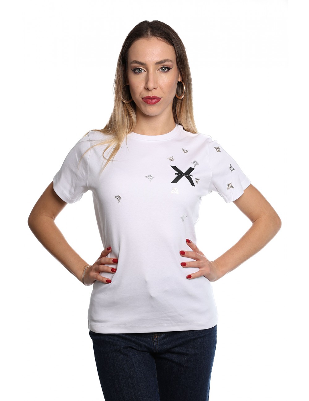 t-shirt john richmond DONNA WHITE - UWA24035TS 1F vista frontale indossata