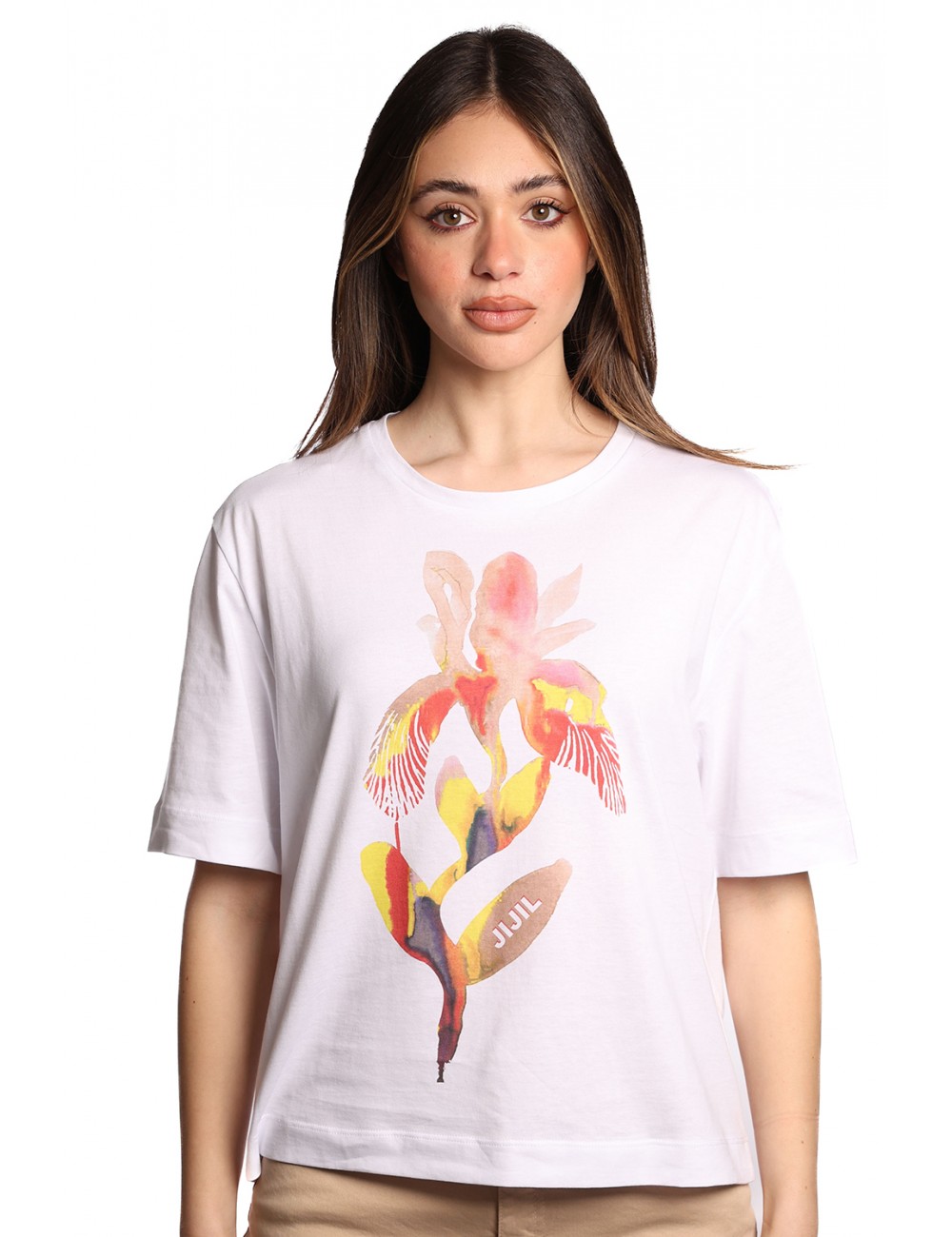 t-shirt jijil DONNA BIANCA 1463 IRIS CORALLO/GIALLO - JPE25TS228 vista frontale