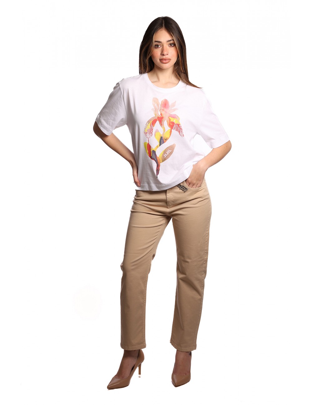 t-shirt jijil DONNA BIANCA 1463 IRIS CORALLO/GIALLO - JPE25TS228 vista completo frontale t-shirt jijil DONNA BIANCA 1463 IRIS CORALLO/GIALLO - JPE25TS228 vista completo frontale
