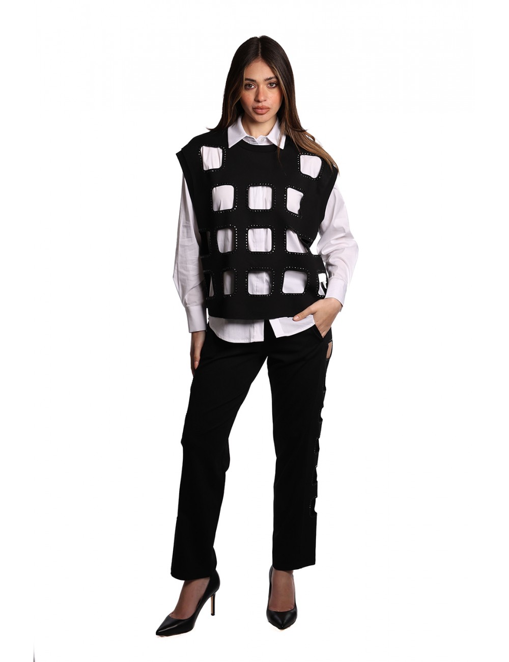 gilet e camicia jijil DONNA 0074 NERO E BIANCA - JPE24AA085 vista completo frontale