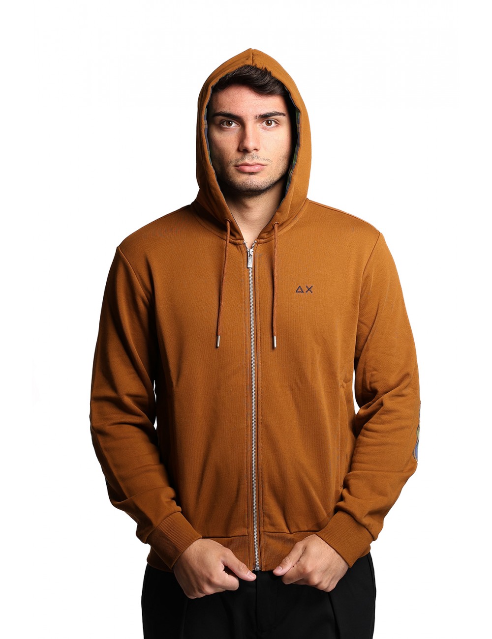 felpa sun68 UOMO MARRONE 93 VOLPE - F45124 vista frontale cappuccio felpa sun68 UOMO MARRONE 93 VOLPE - F45124 vista frontale cappuccio