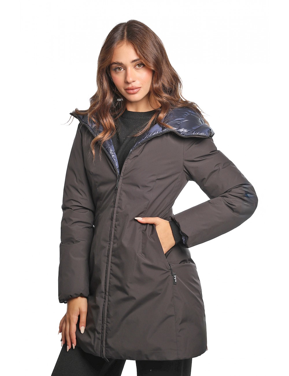 giubbino lungo reversibile ADD DONNA NERO E BLU C1527 BLACK+PACIFIC BLUE - 12AWHE33 vista laterale nero