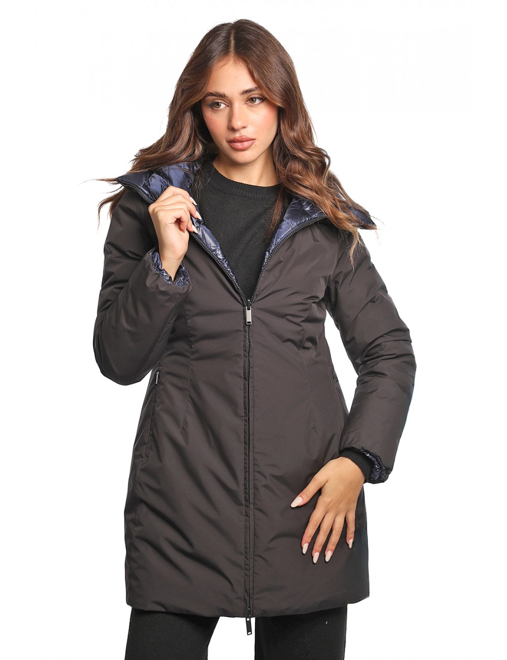 giubbino lungo reversibile ADD DONNA NERO E BLU C1527 BLACK+PACIFIC BLUE - 12AWHE33 vista frontale nero