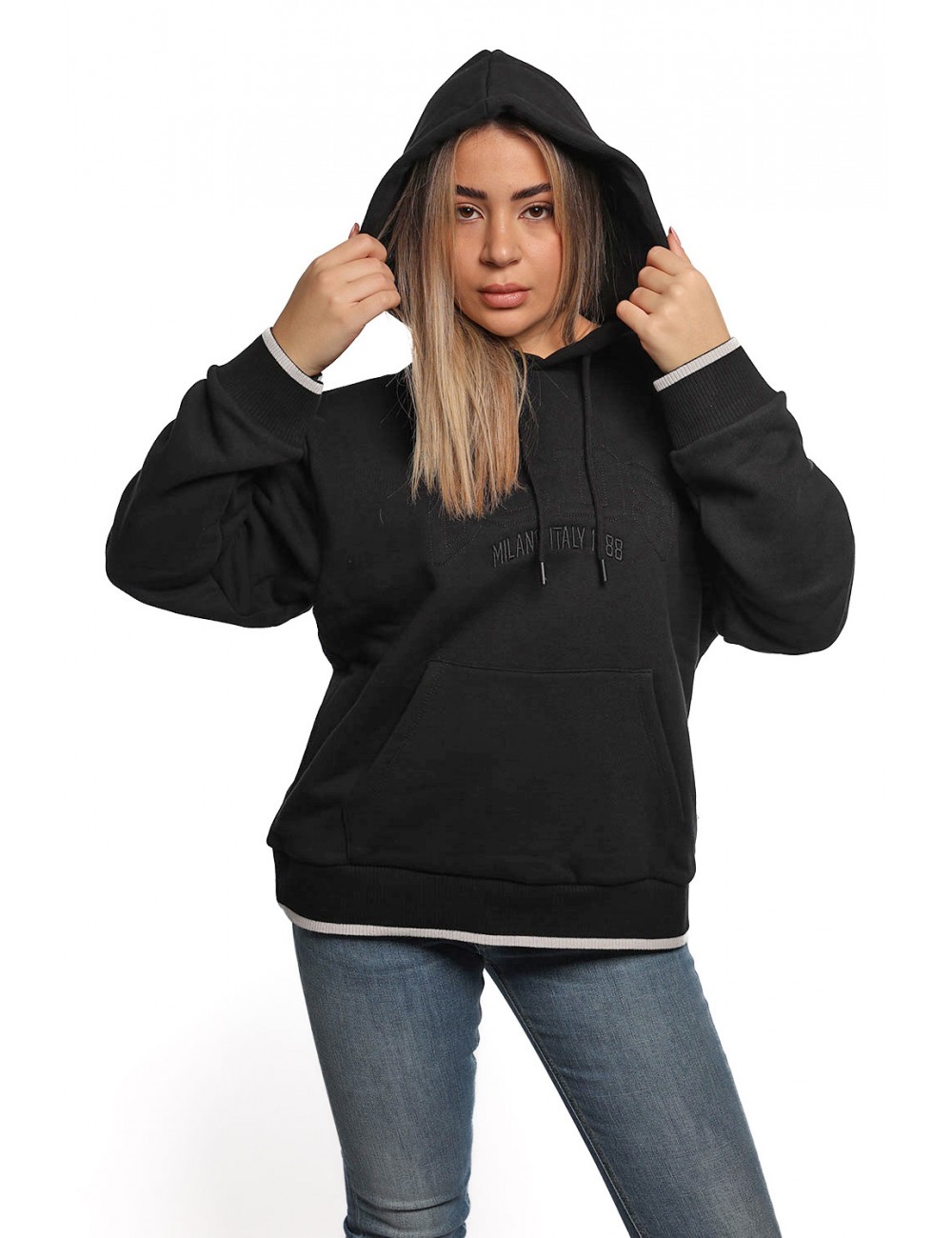 felpa gcds DONNA 99 BLACK - B2EW1905JD1 vista frontale cappuccio