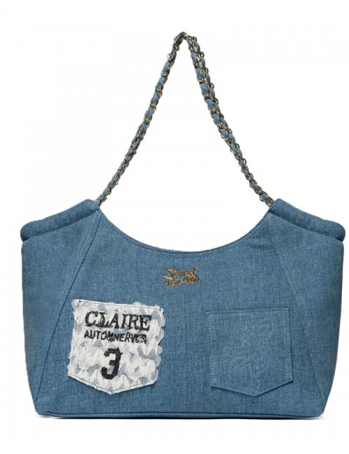 borsa secret pon pon DONNA AZZURRA JEANS - TOTE POCHE vista frontale 2