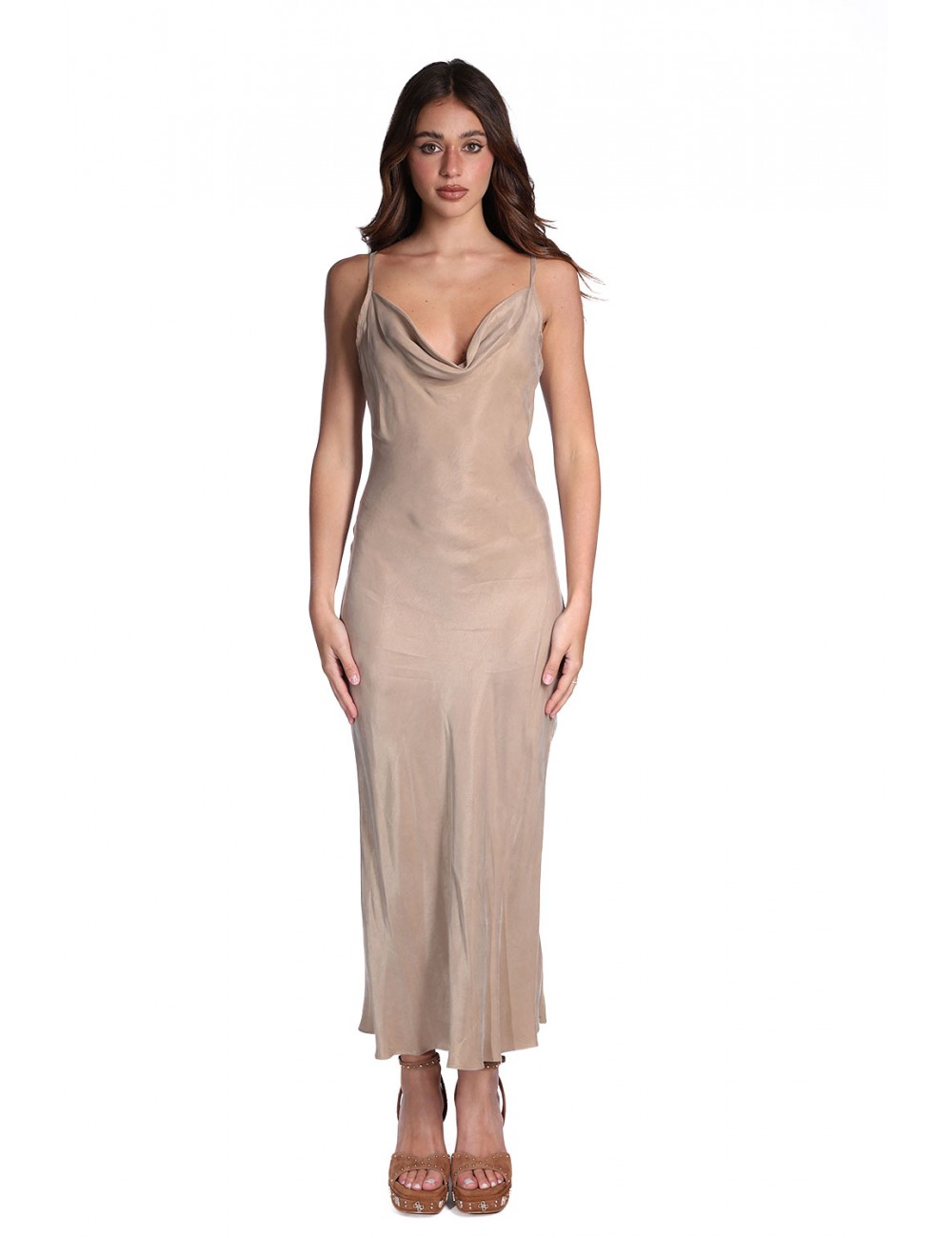 abito midi guess DONNA BEIGE G1DQ - W6GK94W2266 vista frontale indossato